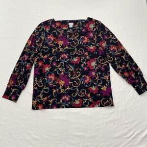 Chicos Floral Blouse Top Long Sleeve Stretch Womens XL 3 Black Boho Whimsigoth